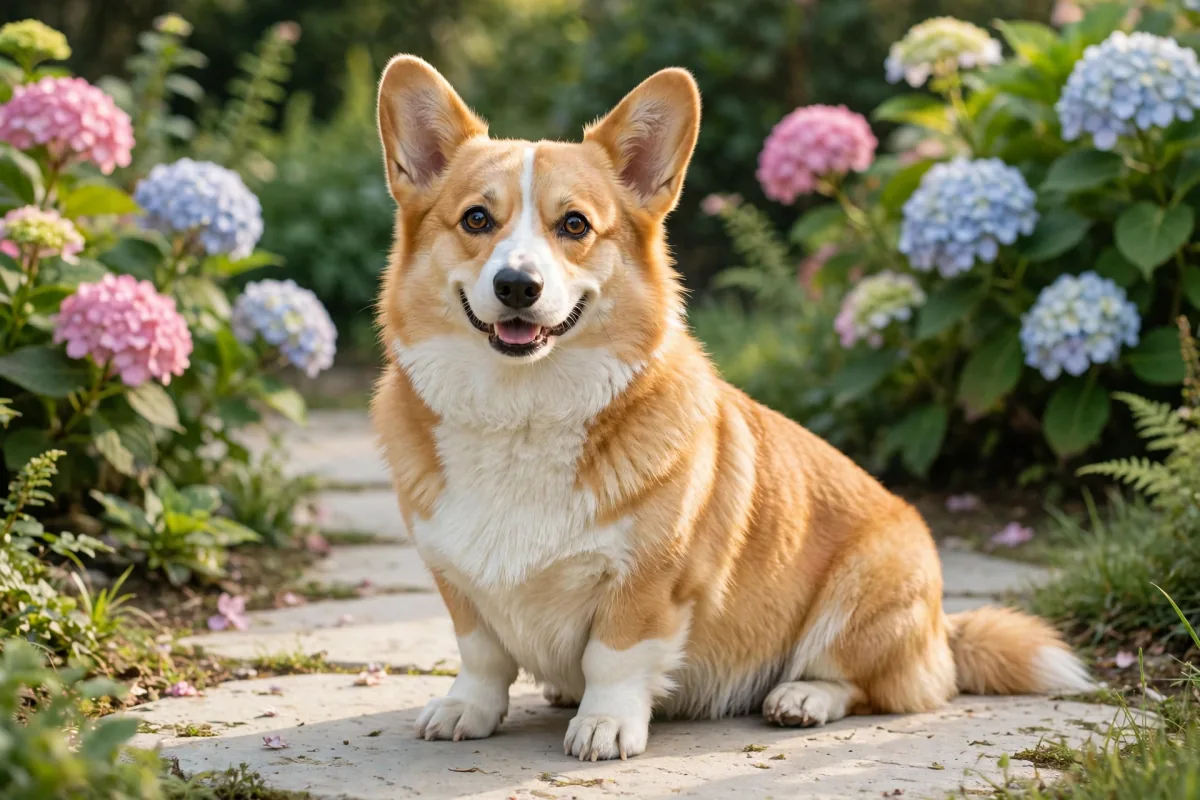 写真イラスト化に使った庭園のコーギー犬の元写真