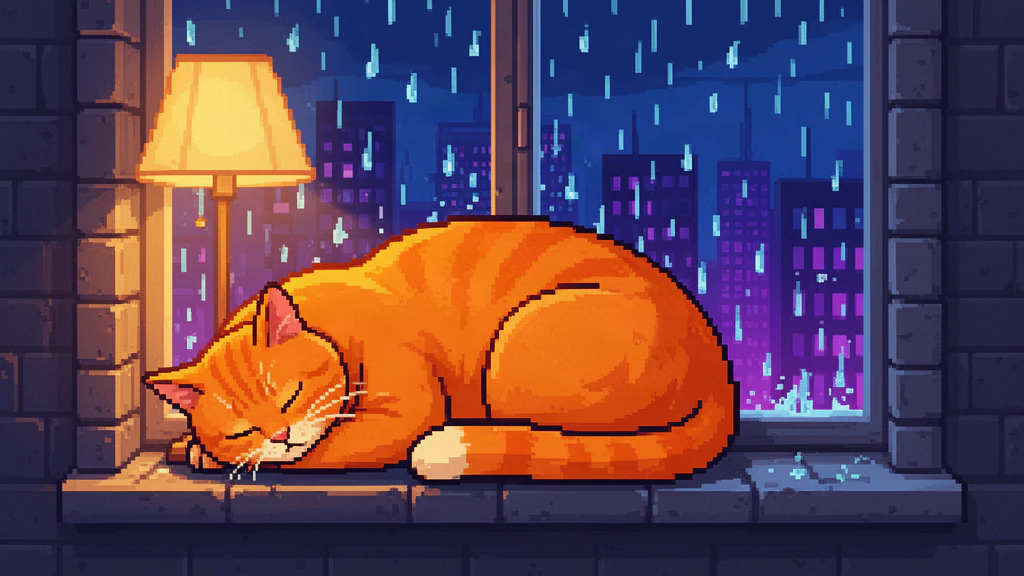 AIピクセルアート生成で描いた雨の窓辺で眠る猫