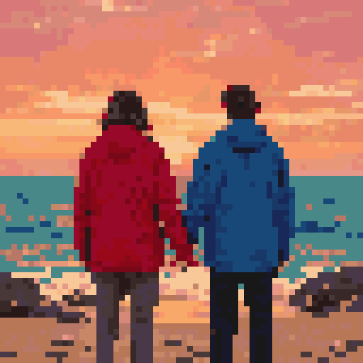 海辺の夕日を眺める二人の写真をAIで描き直して64×64マス・32色のドット絵に変換した結果