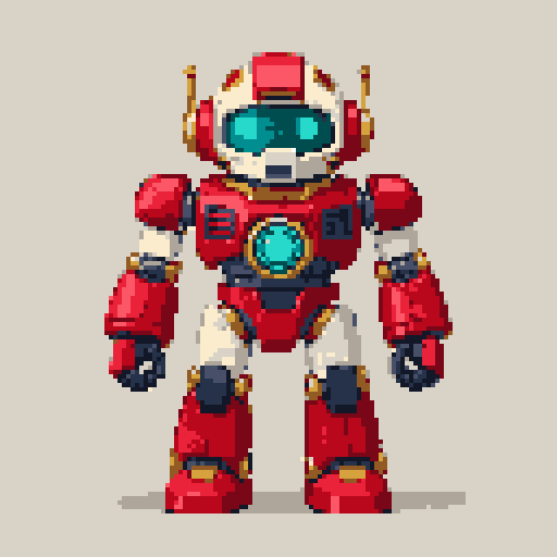 AIで描き直した赤いロボットの画像を128×128マス・共通の16色の色板でドット絵に仕上げた結果