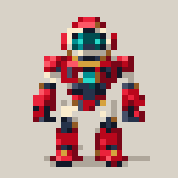 AIで描き直した赤いロボットの画像を32×32マス・共通の16色の色板でドット絵に仕上げた結果