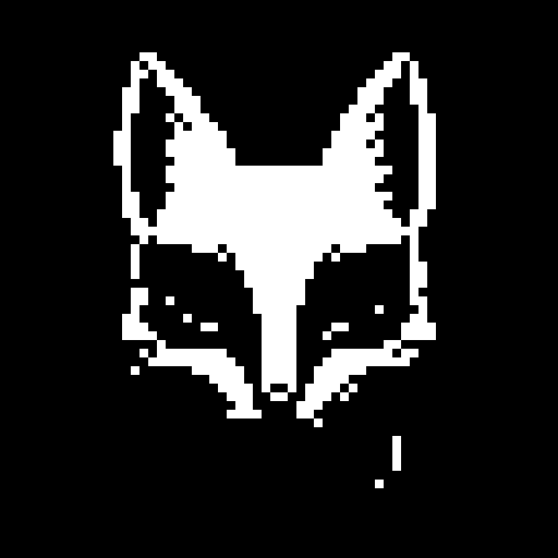 同じAIで描き直した白と赤の狐面のイラストから64×64マス・白黒（2色）のドット絵に仕上げた結果