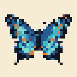 AIで描き直した青い蝶のイラストを32×32マス・指定色（実使用14色）のドット絵に変換した結果