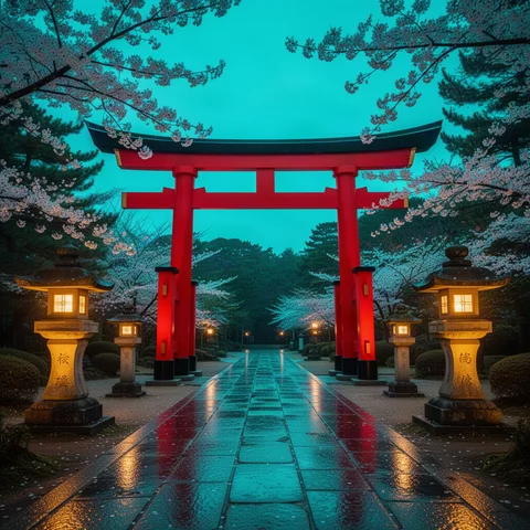 ドット絵変換前の夕暮れの鳥居と庭園の写真