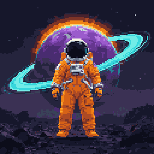 宇宙飛行士と惑星のイラストをAIで描き直して128×128マス・29色のドット絵に変換した結果
