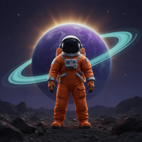 ドット絵変換前の宇宙飛行士と惑星のイラスト