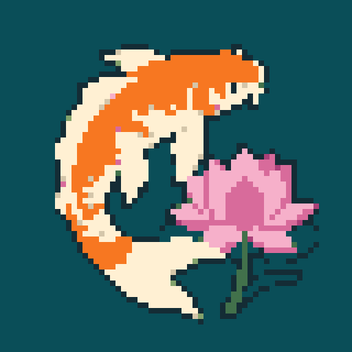 錦鯉と蓮のイラストをAIで描き直して64×64マス・10色のドット絵に変換した結果