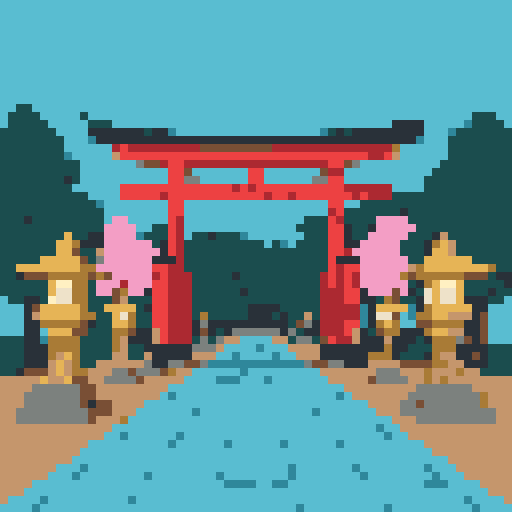 夕暮れの鳥居と庭園の写真をAIで描き直して64×64マス・14色のドット絵に変換した結果