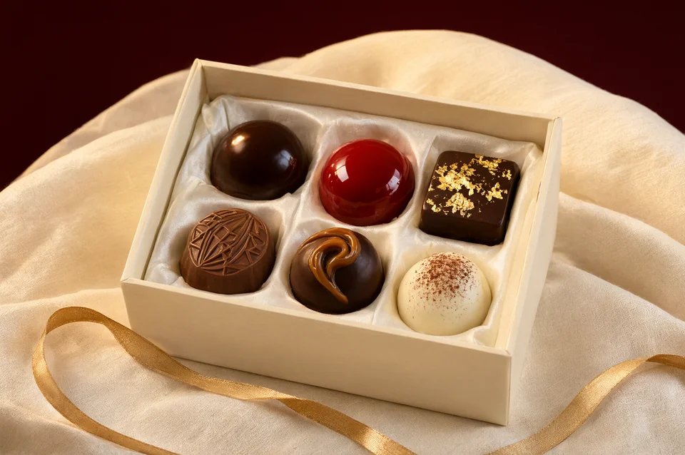Qwen Image 3の生成例：金色のリボンとクリーム色の布を添えた冬のチョコレートギフト