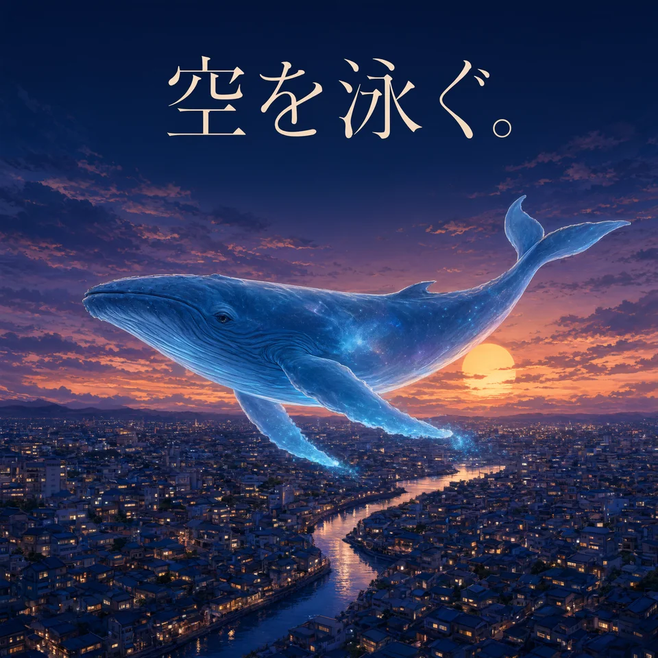 Qwen Image 3の生成例：光るクジラが夕暮れの街の空を泳ぐ幻想的なビジュアル