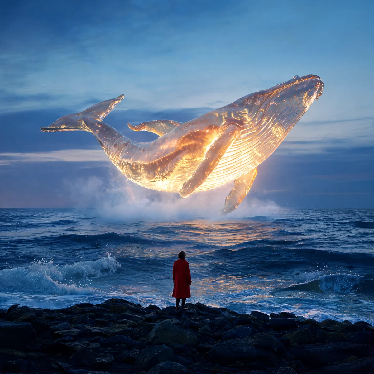 Seedream 5 Liteの生成例：夜明けの海から浮かび上がる琥珀色のガラスの鯨と小さな人影