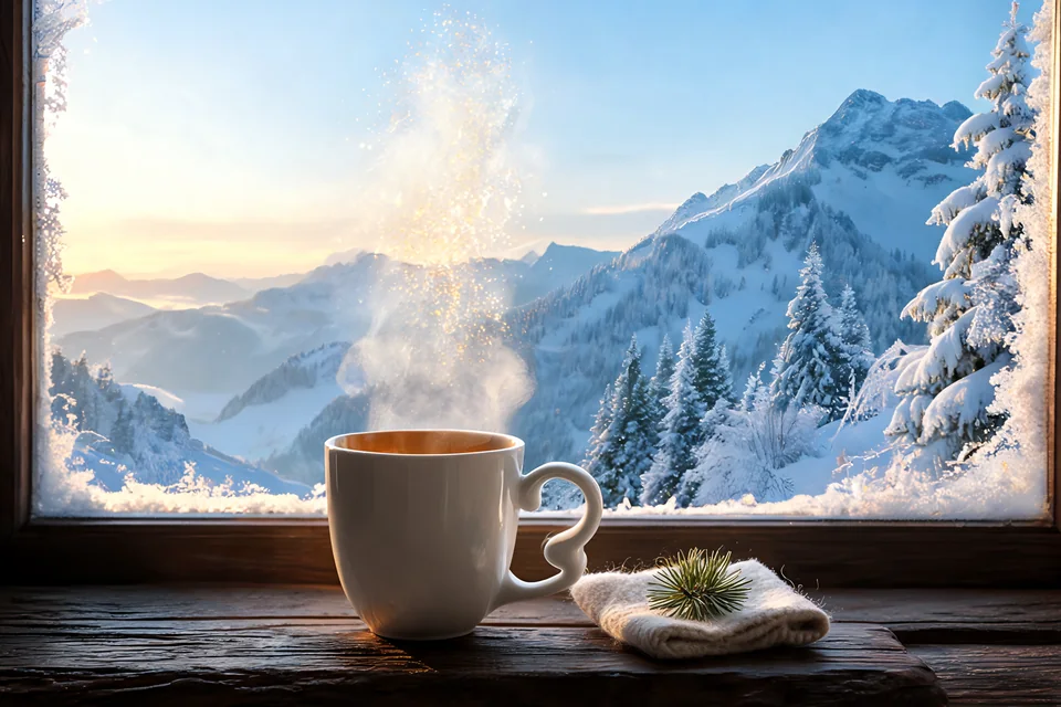 Seedream 5 Liteの生成例：雪山を望む窓辺の大きな白いマグカップと湯気、金色の朝日